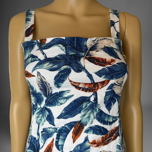 Robin K Sheath Mini Dress Medium White Blue Linen-Cotton Lined Wide Straps Leave - Picture 4 of 16